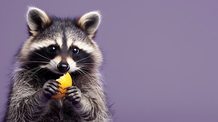 Obraz premium A mischievous raccoon holding a piece of food isolated on a purple background
