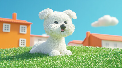 A cute, cartoon-style white cartoon dog sits on a grassy hill with houses in the background.