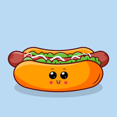 Cute Hotdog Cartoon Icon Illustration. Fastfood Object Icon Concept