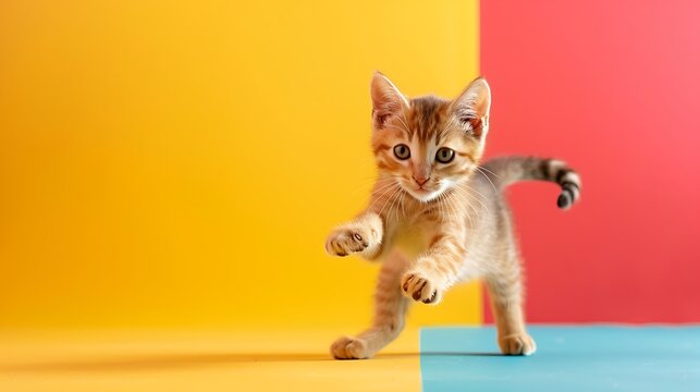 A playful kitten pouncing isolated on colorful background