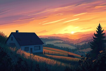 Viewing the last rays of sunlight casting a soft glow over rolling hills. Cozy vibe, Generative AI