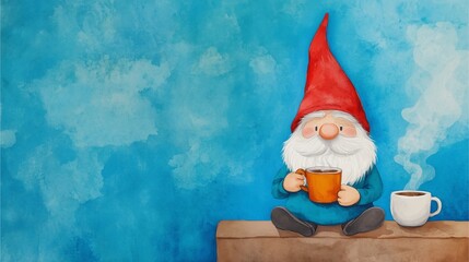 Obraz premium Watercolor Gnome Series: Gnome enjoying hot coffee with steam rising on a blue background.