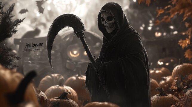 grim reaper wearing choper line art "Halloween "written on the Background. .