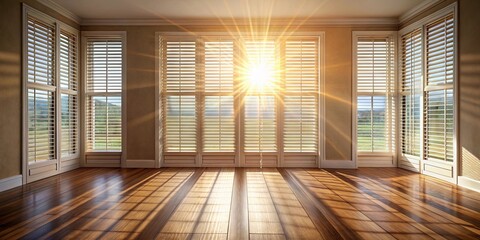 Sunlight streaming through window blinds onto wooden floors with shutters, creating a warm and inviting atmosphere