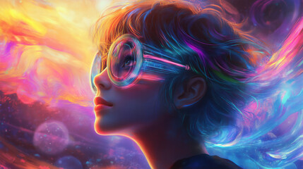 Fototapeta premium A woman with colorful hair looks up at a bright sky, wearing round glasses