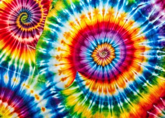 Vibrant multi-colored tie-dye pattern featuring swirling shapes and psychedelic hues on a soft, white fabric
