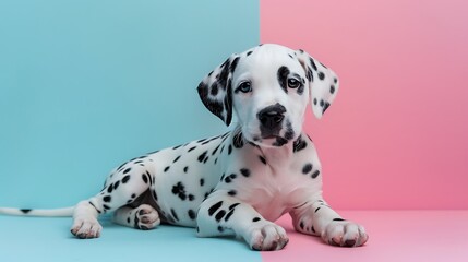 A spotted Dalmatian puppy lying on a soft pink and blue background