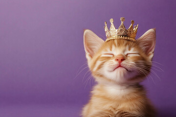 Obraz premium Royal Cuteness: A Charming Kitten Wearing a Tiny Crown on a Royal Blue Velvet