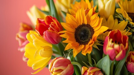 Fototapeta premium A summer bouquet of sunflowers and tulips isolated on colorful background