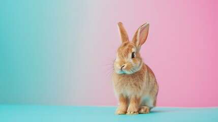 Obraz premium A tiny rabbit with floppy ears on a pink and blue background