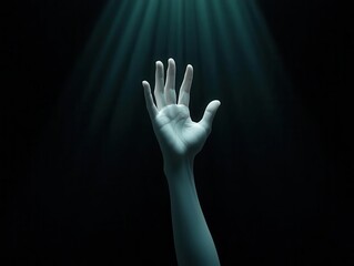 A dramatic closeup of a superstars hand reaching out from the darkness into the spotlight, symbolizing grasping fame, Symbolic, Photography