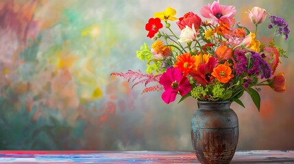 A vibrant bouquet of mixed flowers in a vintage vase isolated on colorful background