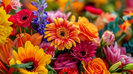 A vibrant bouquet of mixed flowers isolated on colorful background