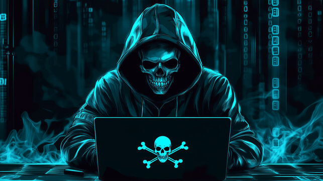 A hooded figure with a skull mask uses a laptop in a dark, digital space