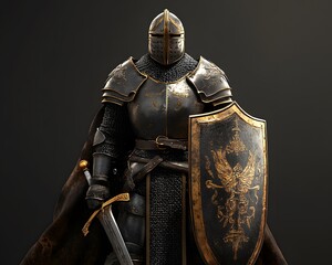 Medieval knight in shining armor with a shield and sword, standing ready for battle. Perfect for fantasy and historical themes.