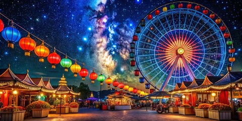 Vibrant night market scene with colorful lanterns, stalls, and Ferris wheel silhouetted against a dark blue sky with