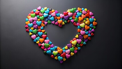 Heart-shaped arrangement of hearts on black background with colorful heart accents