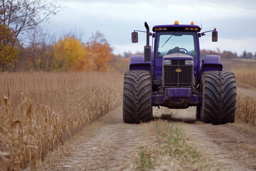 Obraz premium Rural Charm: A Purple Tractor on a Farm Dirt Track Showcasing Agricultural Beauty