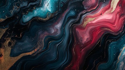 Abstract Swirling Blue, Red, and Gold Liquid Marble Art