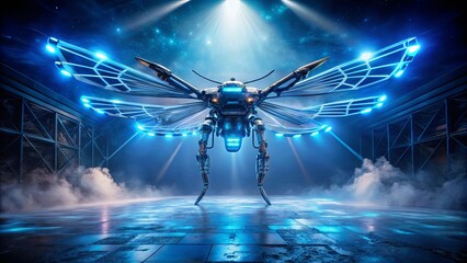 Futuristic drone robot with glowing blue circuits and metallic wings hovering in mid air surrounded by neon lights and fog