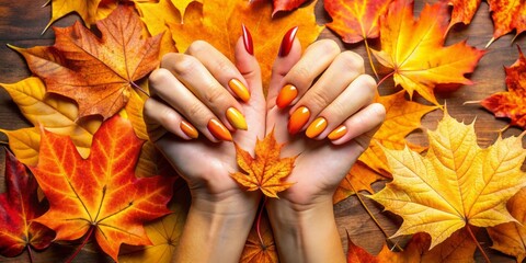 Vibrant orange and yellow fall leaves surround a pair of hands adorned with a seasonal-inspired manicure featuring