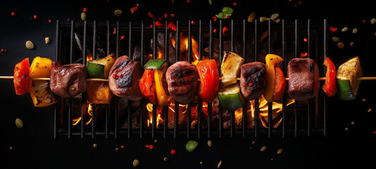Naklejka premium Meat skewer with vegetables on a fire background