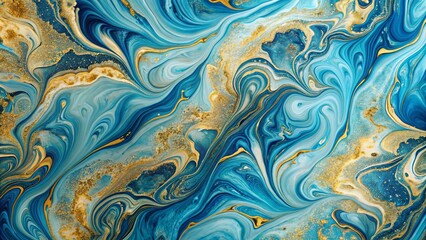 Obraz premium Marbleized effect background in shades of blue and gold, with a creative and beautiful paint design