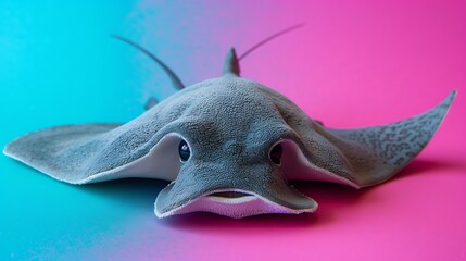 Fototapeta premium Plush stingray toy on cyan and magenta background