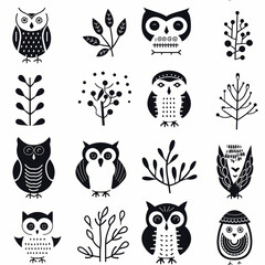 A collection of 16 black and white illustrations of owls and branches, perfect for crafts, invitations, and other creative projects.