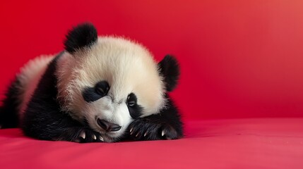 Fototapeta premium Sleepy panda resting on pink and red background