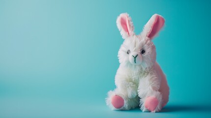 Fototapeta premium Soft bunny rabbit toy on cyan and magenta background
