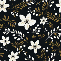 A seamless pattern featuring white flowers, gold leaves and berries on a black background.