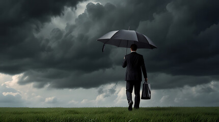 An illustration of a business professional holding an umbrella over a company, with storm clouds gathering above and copy space, symbolizing the concept of risk mitigation in business.

