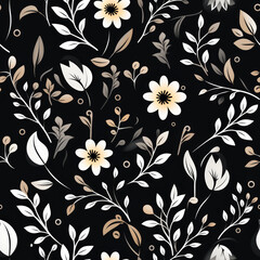 A seamless pattern of white and beige flowers and leaves on a black background.
