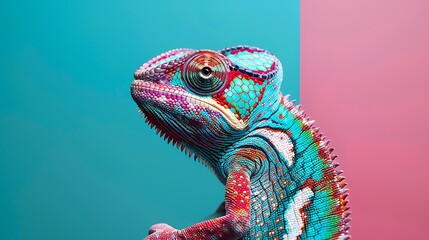 Stuffed chameleon on cyan and magenta background