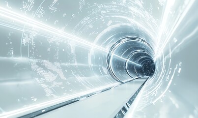 Abstract futuristic tunnel with glowing lights and data streams.