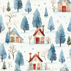 Fototapeta premium A seamless watercolor pattern featuring charming winter houses with red doors, snowy trees, and falling snowflakes against a white background.