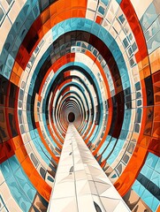 Abstract colorful geometric tunnel with wooden texture.