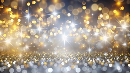 Abstract background with glittering silver and gold lights shining in a de-focused composition