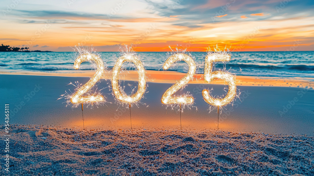 Wall mural sparklers 2025 on the beach, new year eve celebration, new year wellness resolution