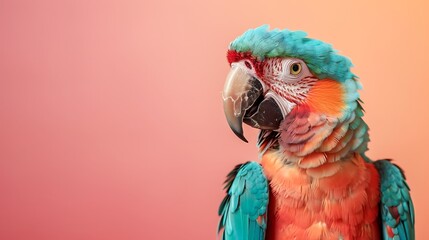 Fototapeta premium Stuffed parrot isolated on amber and peach background