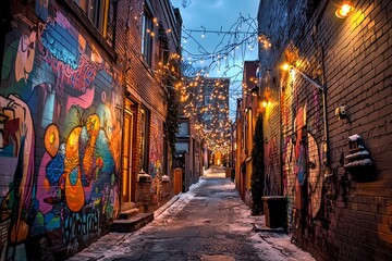 Fototapeta premium A quaint, cobblestone pathway adorned with colorful murals and twinkling lights beckons for evening wanderings in a delightful urban setting.
