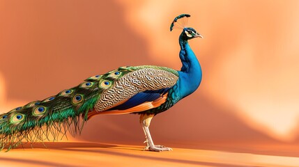 Stuffed peacock isolated on amber and peach background