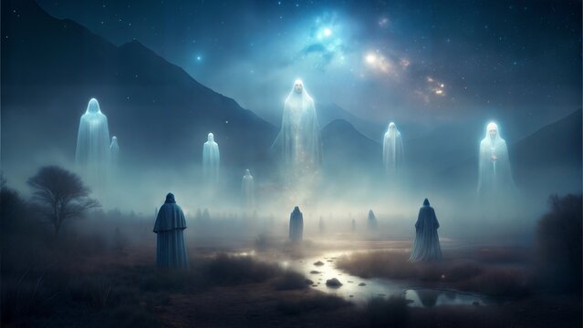 Mysterious ghostly figures with a haunting mood, emerging in a misty landscape, against a starry night sky with copy space