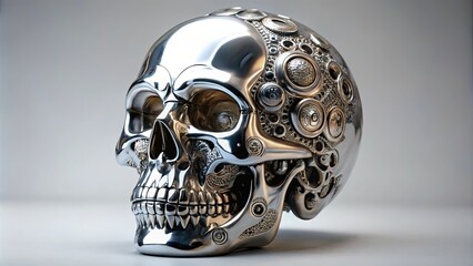 Polished chrome skull sculpture with intricate mechanical details symbolizing mortality, technology, and artistry