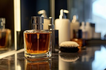An elegant aftershave bottle gleams on a sleek vanity, softly illuminated amidst a backdrop of grooming tools.