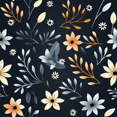 Seamless pattern with delicate floral elements in blue, orange, and cream colors on a dark background.