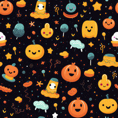 Seamless pattern with cute pumpkins, candy, and stars on a dark background.