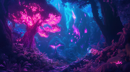Fototapeta premium A mesmerizing mystical forest scene with glowing neon trees and luminescent plants, offering a vivid and captivating fantasy environment.