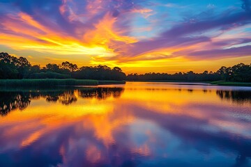 Fototapeta premium A radiant sunset bathes a peaceful lake in gold, mirroring a kaleidoscope sky and framing darkened trees nearby.